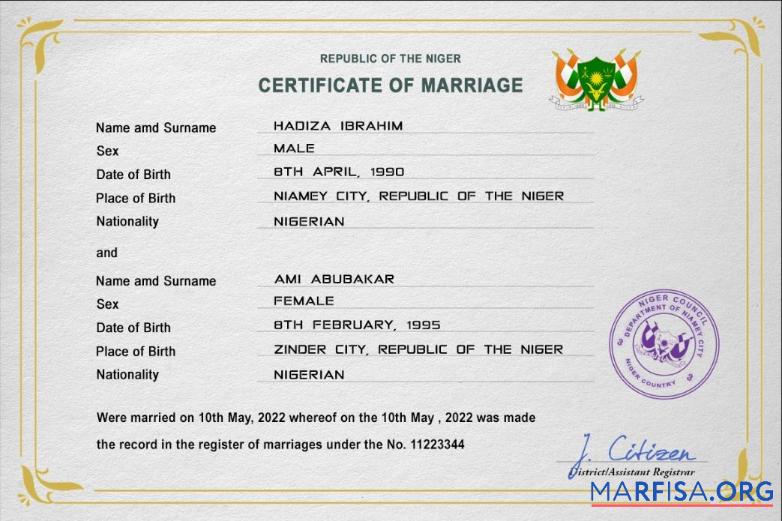 Printable Niger marriage certificate PSD template
